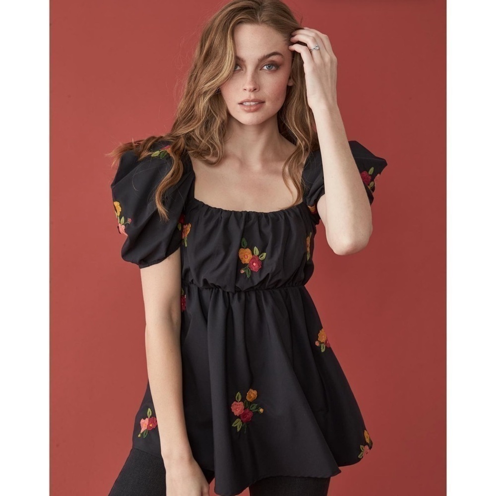 Mi Golondrina Top Elena‎ Cotton Babydoll Puff-Sleeve Floral Negro Arroyo M EUC